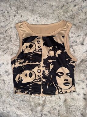 Y2k Beige and Black Graphic Sleeveless Crop Top
